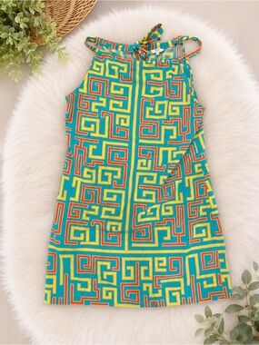 crown & ivy Teal Geo-Print Halter Dress with Yellow and Orange Accents